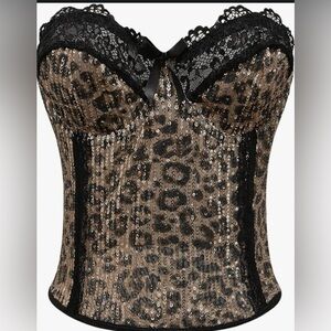NWOT Sparkly Sequin Lace Corset style Top Leopard Print Strapless Streetwear